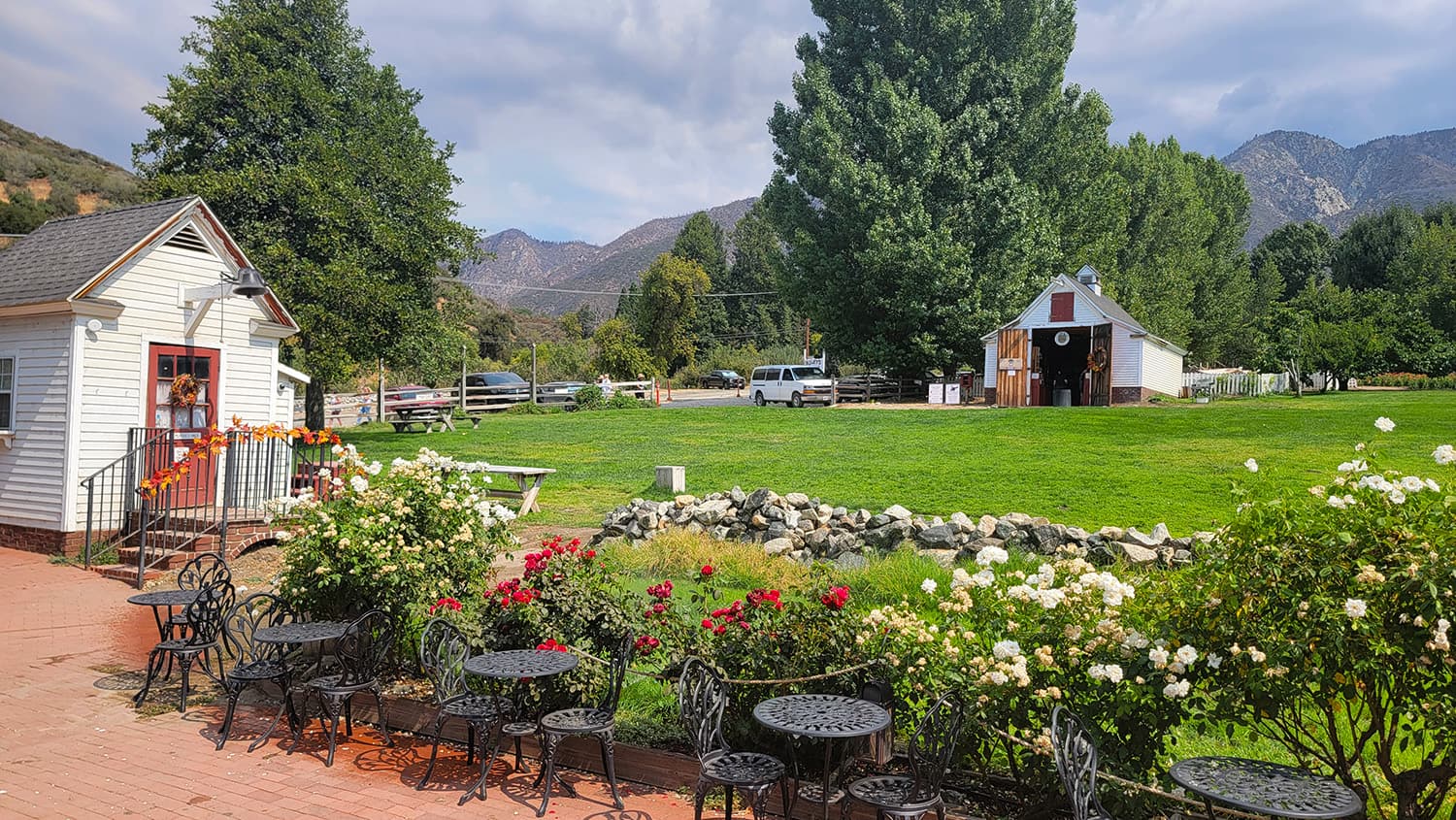 Riley's Farm grounds with mountain backdrop in autumn
